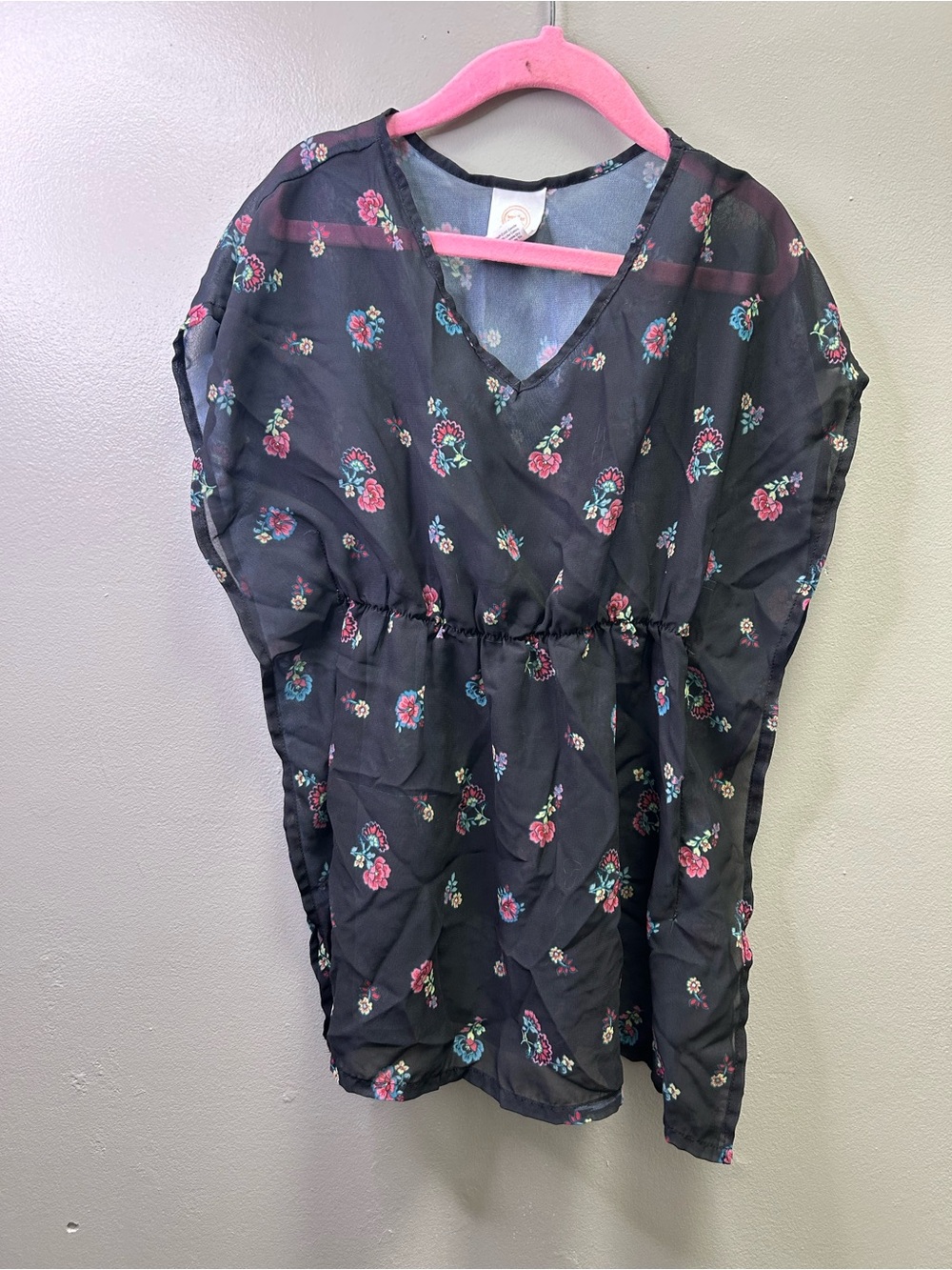 wonder nation Black Floral V-Neck Casual Dress with Pink and Teal Accents